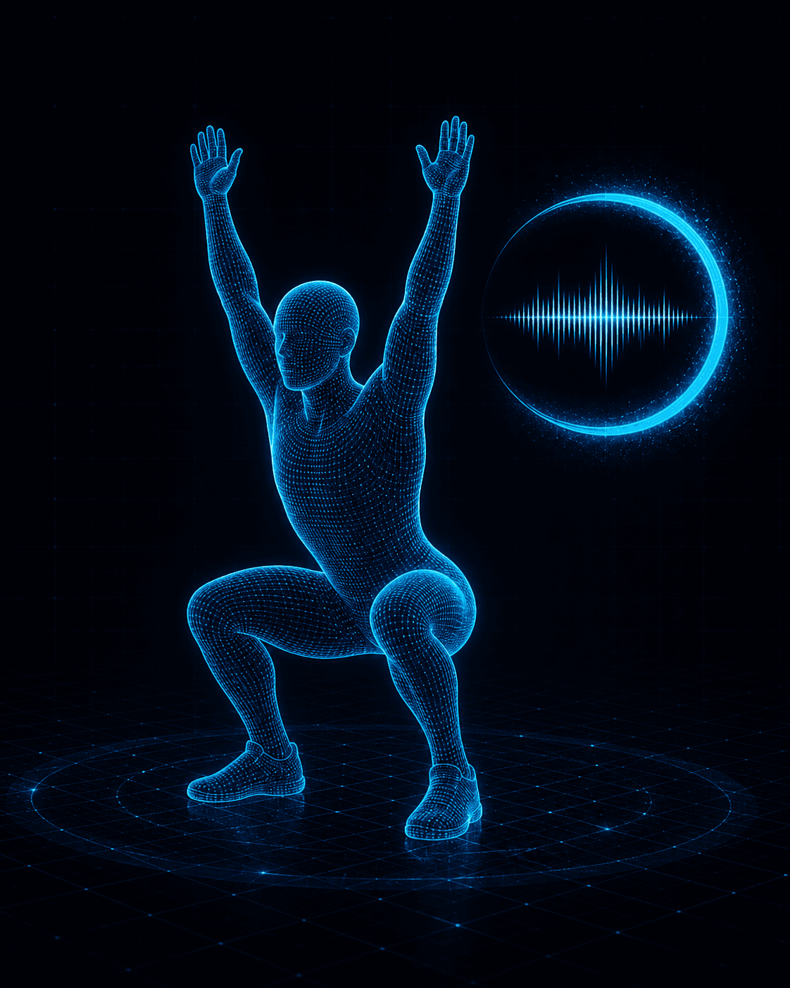 Blue digital mesh athlete performing an overhead squat beside an illuminated voice-coach ring